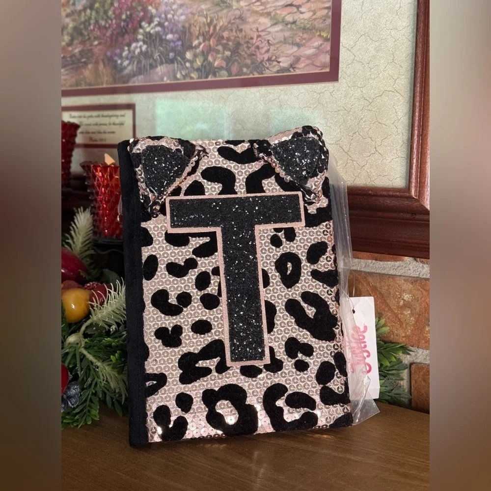 Leopard Print Cat Ears Rose Gold Glitter Initial Journal NWT